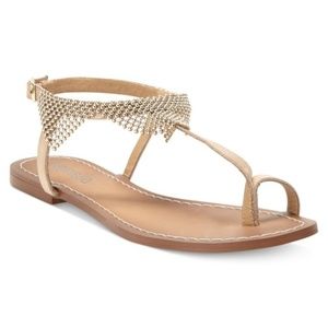 Tan & Gold Beaded Thong Leather Sandals